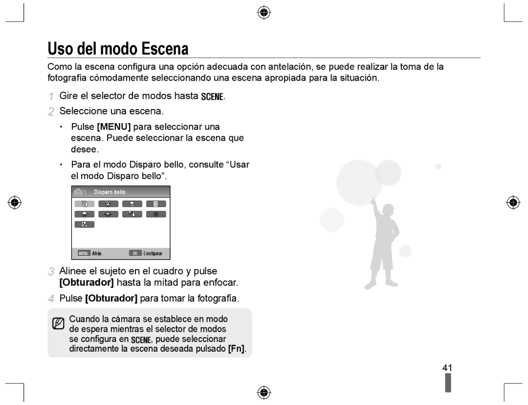 Samsung NX10RH08M3/SES, EV-NX10ZZBABDE manual Uso del modo Escena, Gire el selector de modos hasta Seleccione una escena 