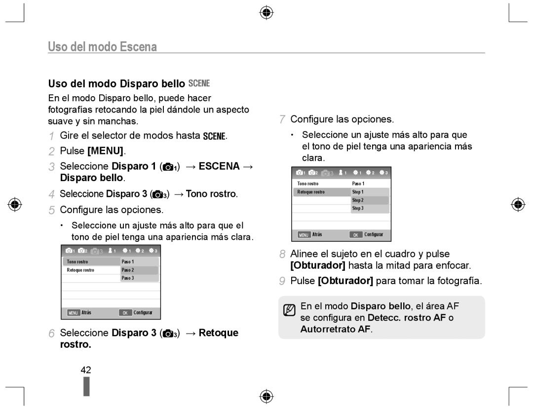 Samsung EV-NX10ZZBCBES manual Uso del modo Escena, Uso del modo Disparo bello, Seleccione Disparo 3 3 → Tono rostro 