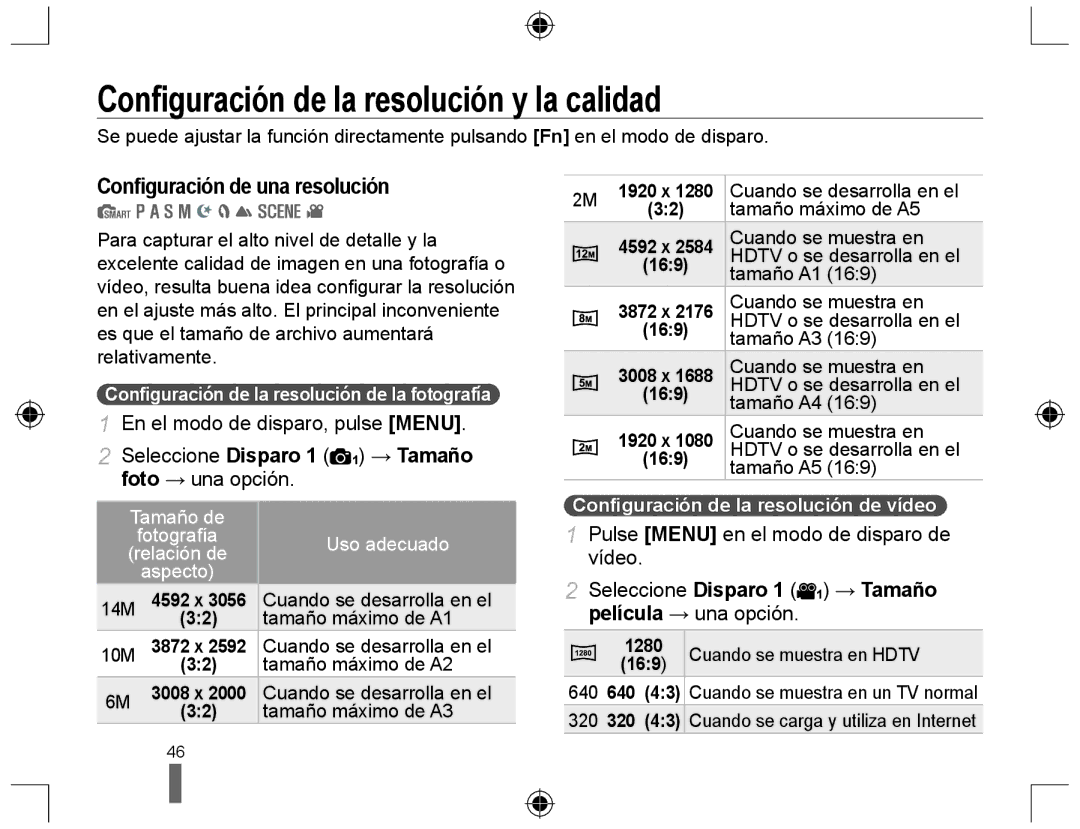 Samsung EV-NX10ZZBABES, EV-NX10ZZBABDE Conﬁguración de la resolución y la calidad, Conﬁguración de una resolución, Vídeo 