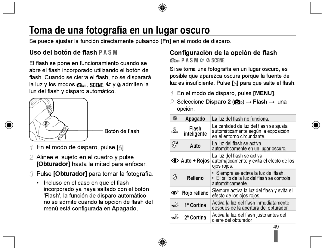 Samsung NX10RH08M3/SES Toma de una fotografía en un lugar oscuro, Uso del botón de ﬂash, Conﬁguración de la opción de ﬂash 