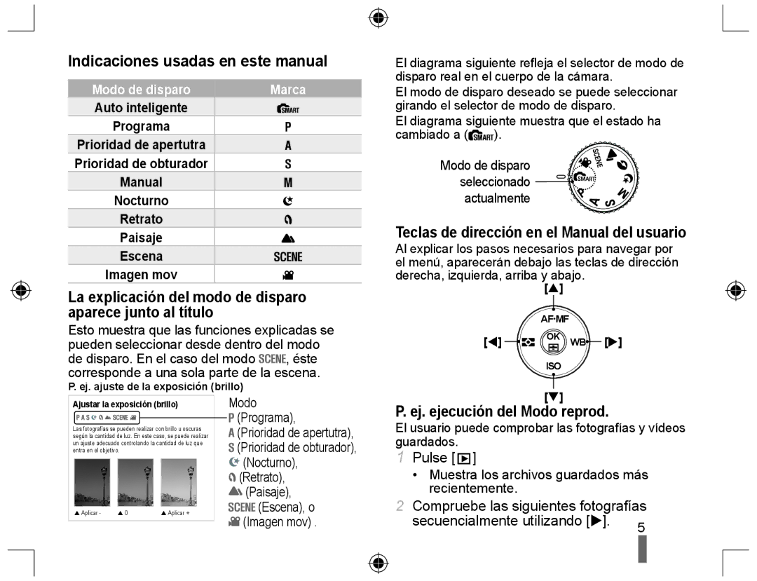 Samsung NX10 Indicaciones usadas en este manual, La explicación del modo de disparo aparece junto al título, Pulse 