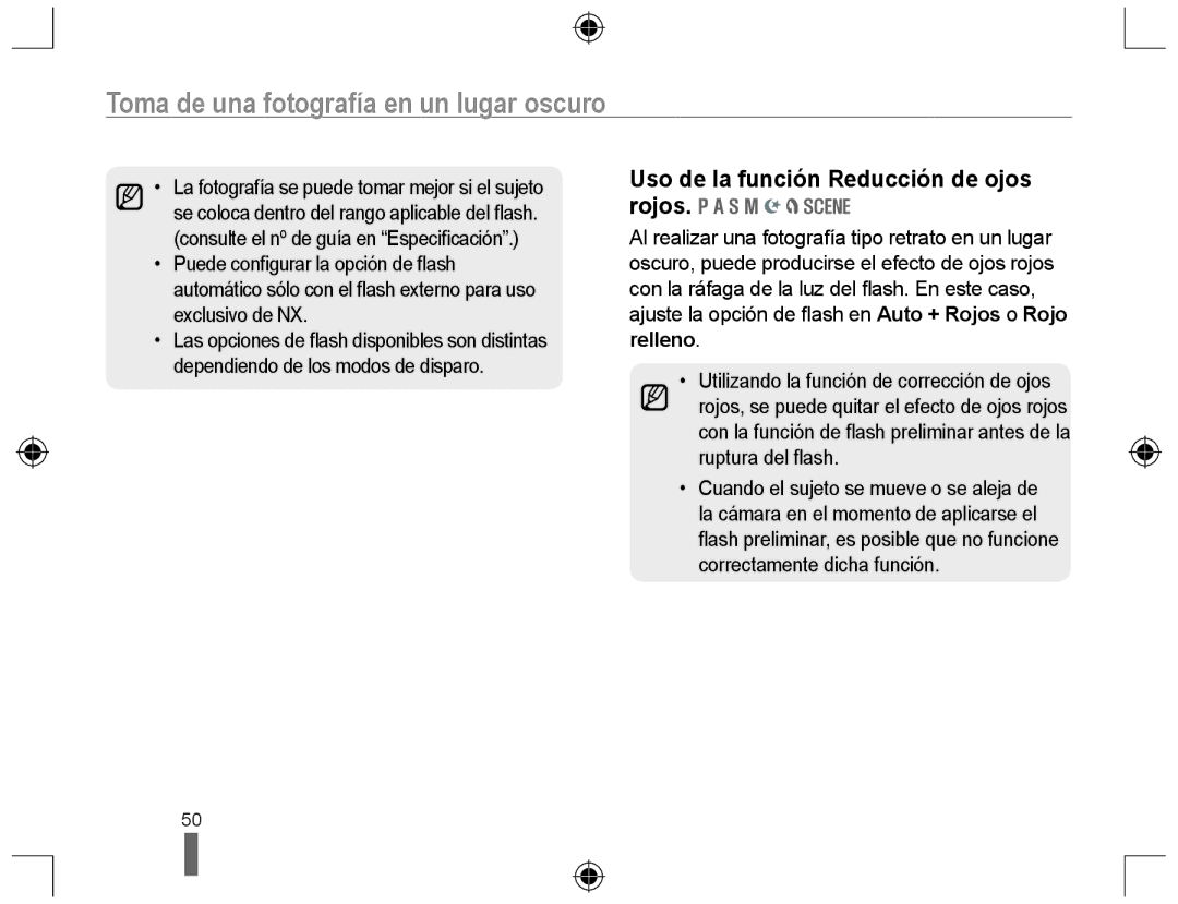 Samsung EV-NX10ZZBCBES manual Toma de una fotografía en un lugar oscuro, Uso de la función Reducción de ojos rojos 