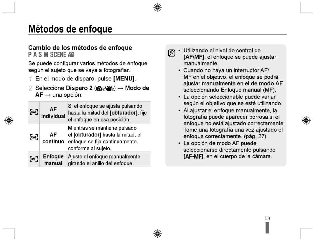 Samsung EV-NX10ZZBABDE, NX10RH08M3/SES, EV-NX10ZZBCBES Métodos de enfoque, Cambio de los métodos de enfoque, Continuo 