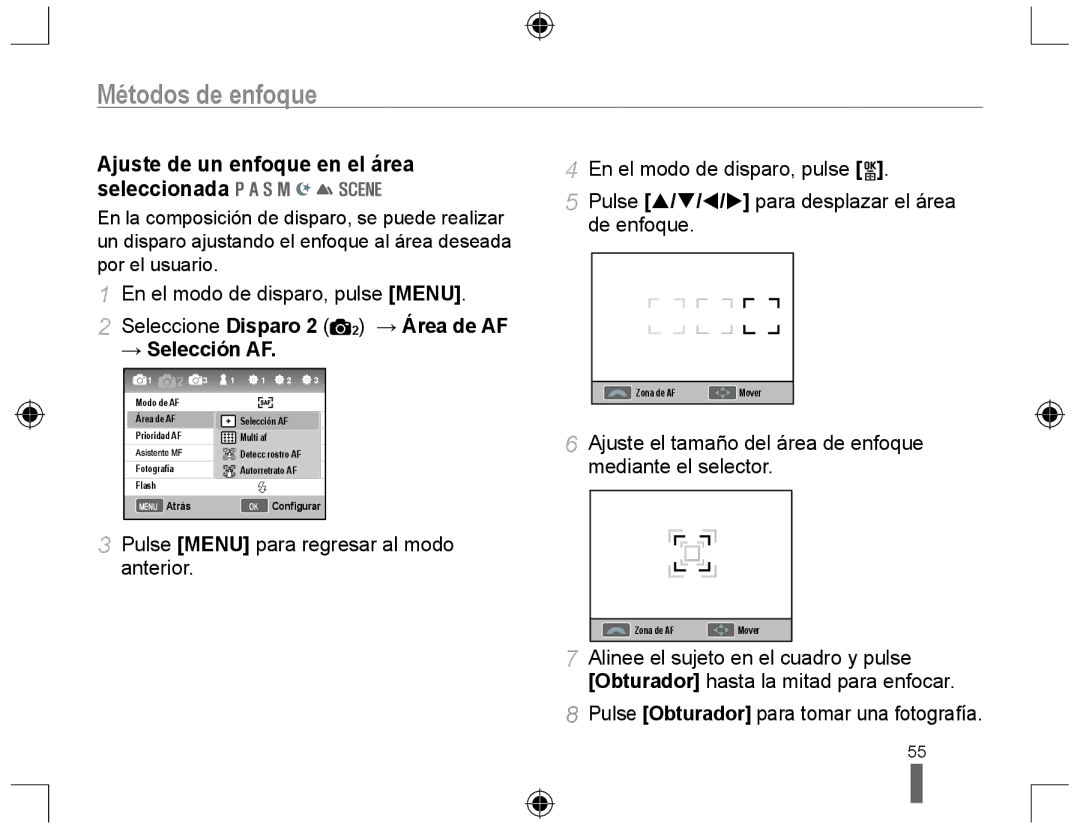 Samsung NX10PRTV01/SES Ajuste de un enfoque en el área seleccionada, Seleccione Disparo 2 2 → Área de AF → Selección AF 