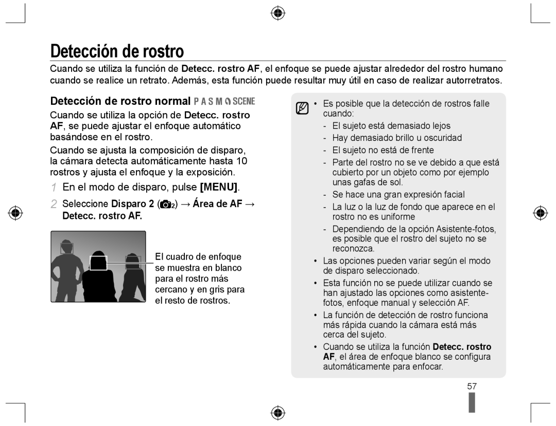 Samsung NX10RH08M3/SES manual Detección de rostro normal, Seleccione Disparo 2 2 → Área de AF → Detecc. rostro AF 