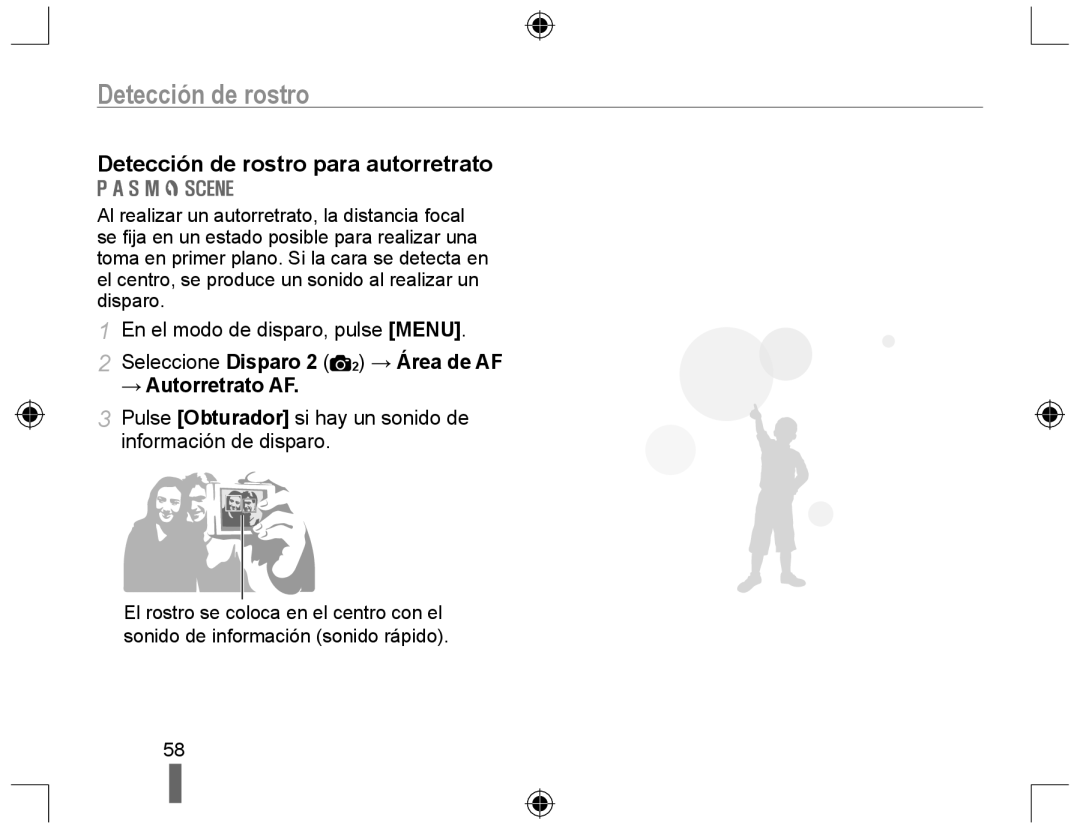 Samsung EV-NX10ZZBCBES Detección de rostro para autorretrato, Seleccione Disparo 2 2 → Área de AF → Autorretrato AF 