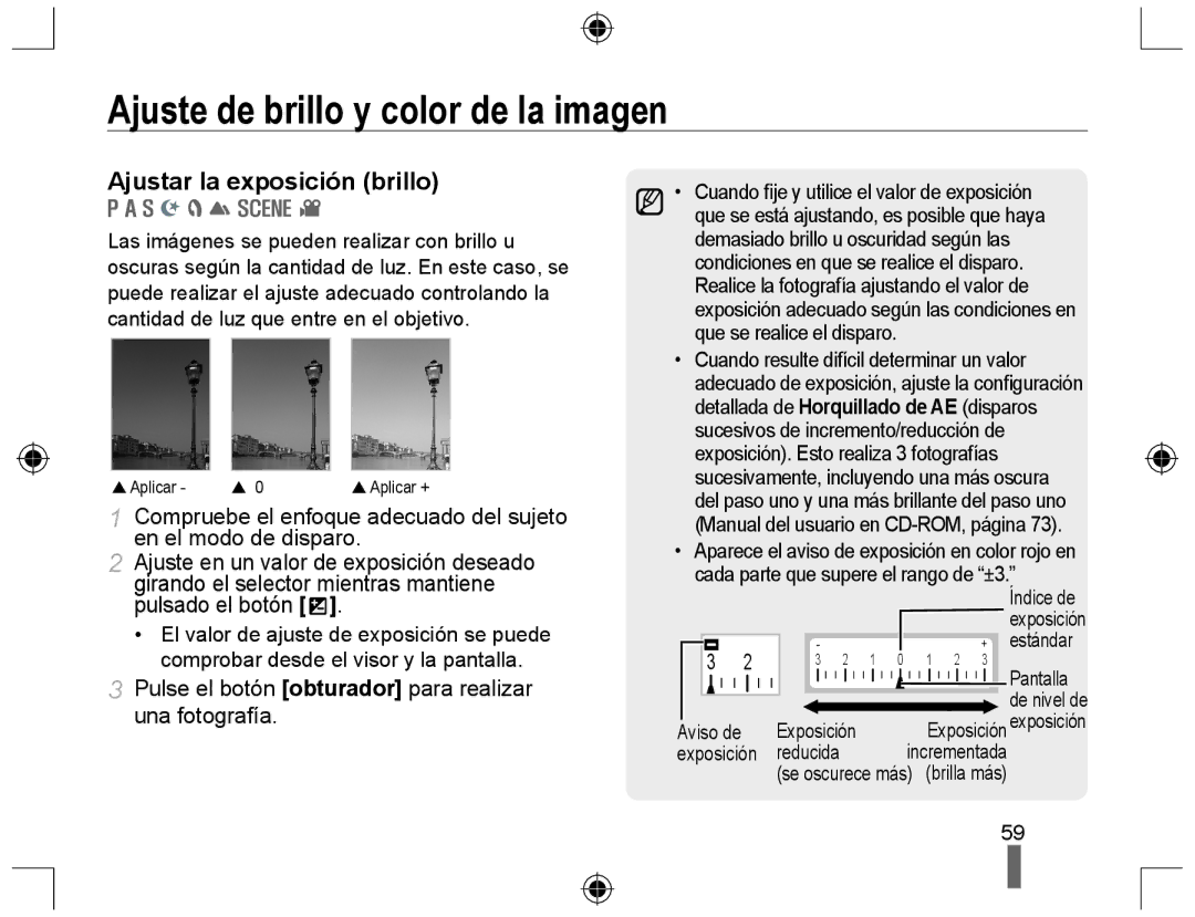 Samsung EV-NX10ZZBABPT manual Ajuste de brillo y color de la imagen, Ajustar la exposición brillo, Aviso de Exposición 