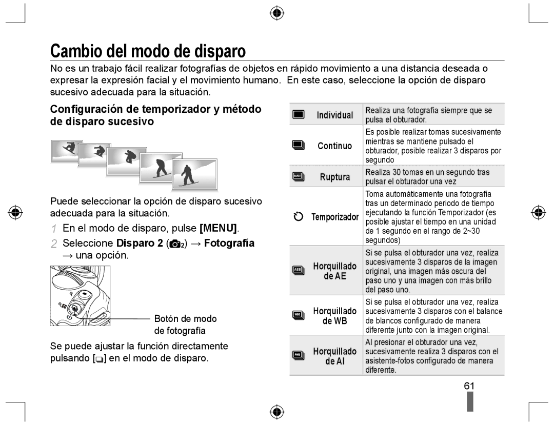 Samsung EV-NX10ZZBABDE manual Cambio del modo de disparo, Conﬁguración de temporizador y método de disparo sucesivo 