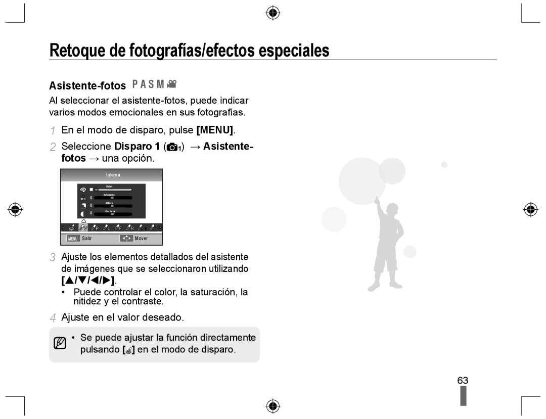 Samsung NX10PRTV01/SES manual Retoque de fotografías/efectos especiales, Asistente-fotos, Ajuste en el valor deseado 