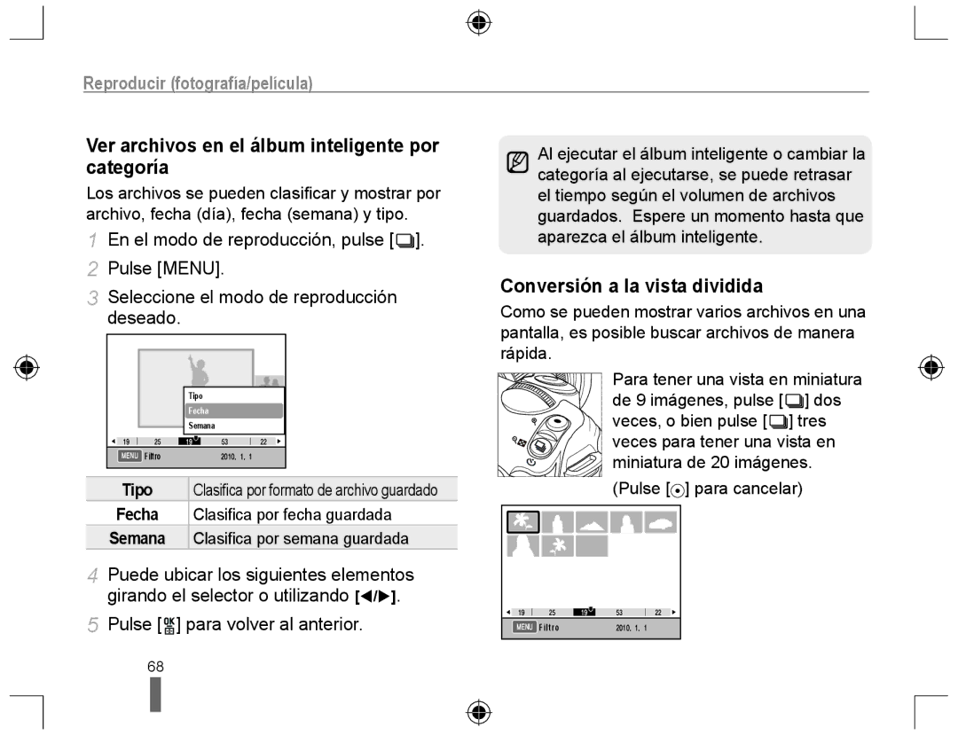 Samsung NX10PRCV02/SES manual Ver archivos en el álbum inteligente por categoría, Conversión a la vista dividida, Tipo 