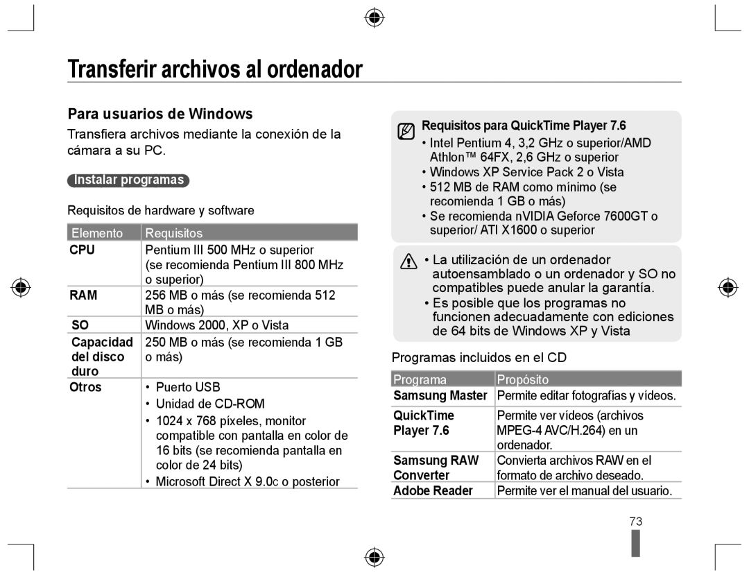 Samsung NX10RH08M3/SES, EV-NX10ZZBABDE manual Transferir archivos al ordenador, Para usuarios de Windows, Instalar programas 