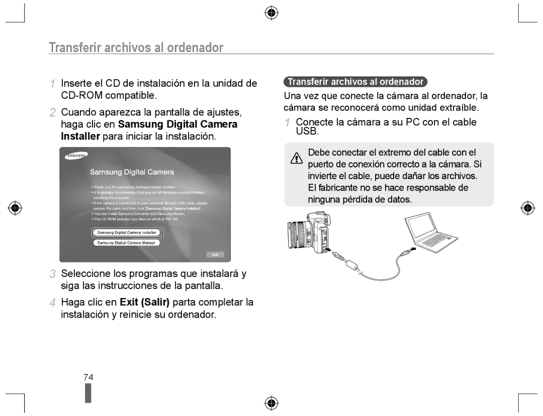 Samsung EV-NX10ZZBCBES, EV-NX10ZZBABDE manual Transferir archivos al ordenador, ConecteUSB. la cámara a su PC con el cable 