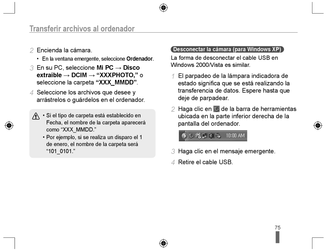 Samsung EV-NX10ZZBABPT, EV-NX10ZZBABDE, NX10RH08M3/SES manual Encienda la cámara, Desconectar la cámara para Windows XP 