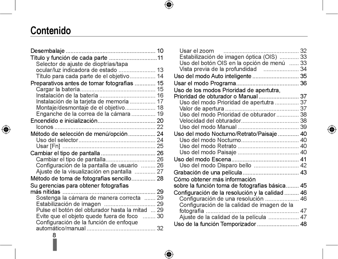 Samsung EV-NX10ZZBABDE, NX10RH08M3/SES, EV-NX10ZZBCBES, EV-NX10ZZBABPT, NX10PRCV02/SES, EV-NX10ZZBABES manual Contenido 