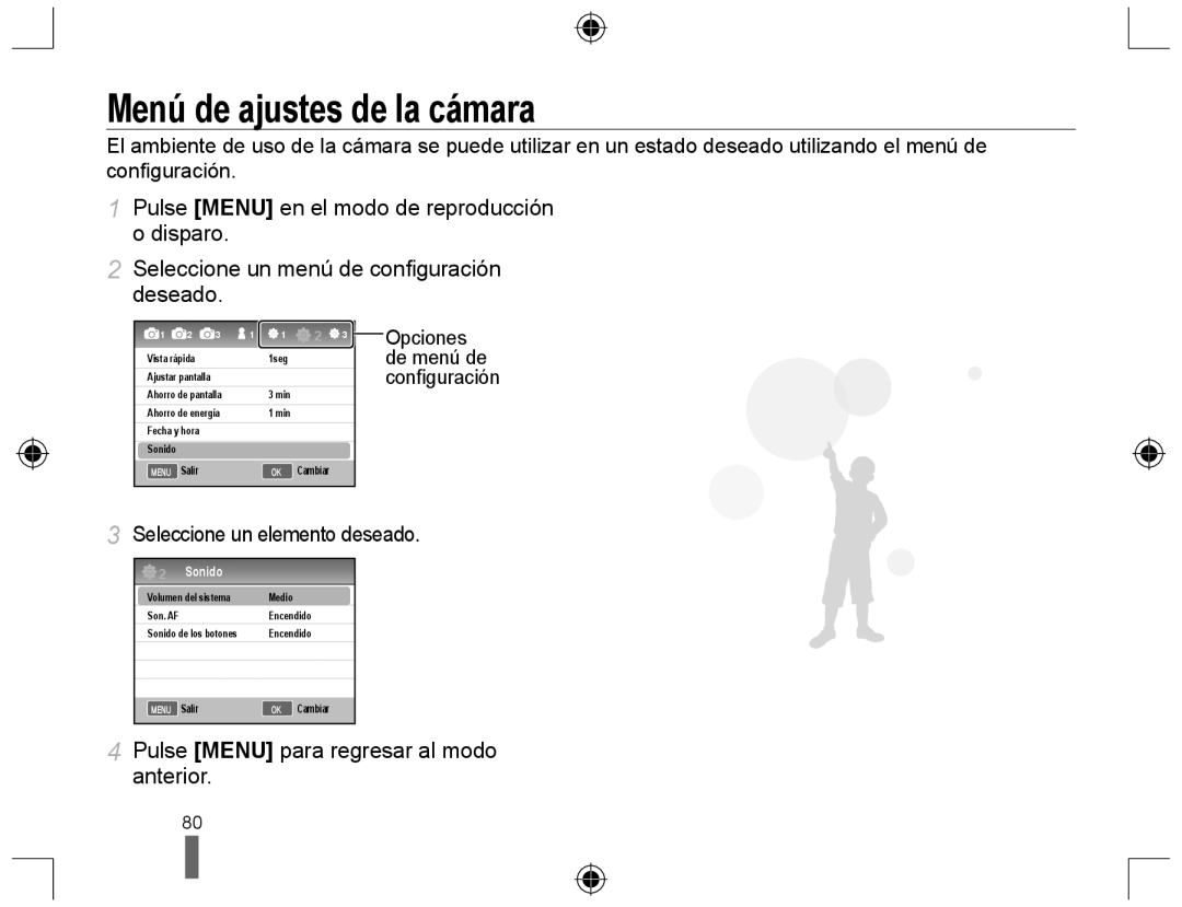 Samsung EV-NX10ZZBABDE, NX10RH08M3/SES, EV-NX10ZZBCBES manual Menú de ajustes de la cámara, Seleccione un elemento deseado 