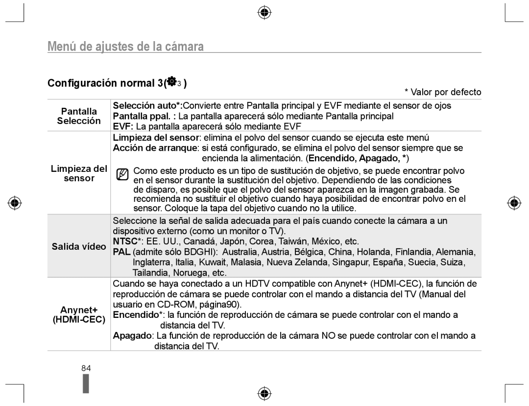 Samsung NX10PRCV02/SES, EV-NX10ZZBABDE, NX10RH08M3/SES manual Conﬁguración normal 3, Pantalla, Limpieza del, Sensor, Anynet+ 