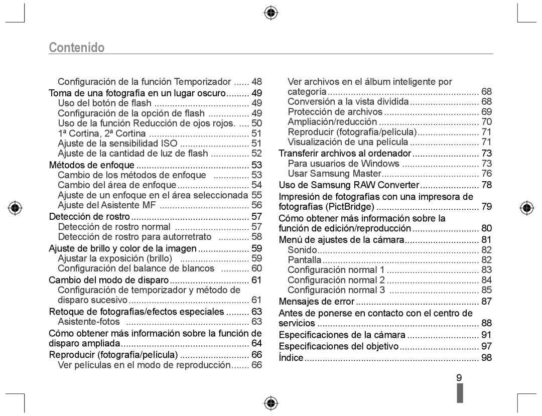 Samsung NX10RH08M3/SES, EV-NX10ZZBABDE, EV-NX10ZZBCBES, EV-NX10ZZBABPT manual Contenido, Cambio de los métodos de enfoque 