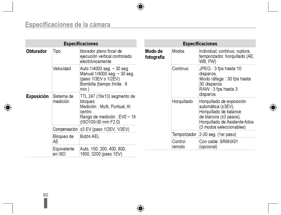 Samsung NX10PRCV02/SES, EV-NX10ZZBABDE Especiﬁcaciones de la cámara, Especiﬁcaciones Obturador, Especiﬁcaciones Modo de 