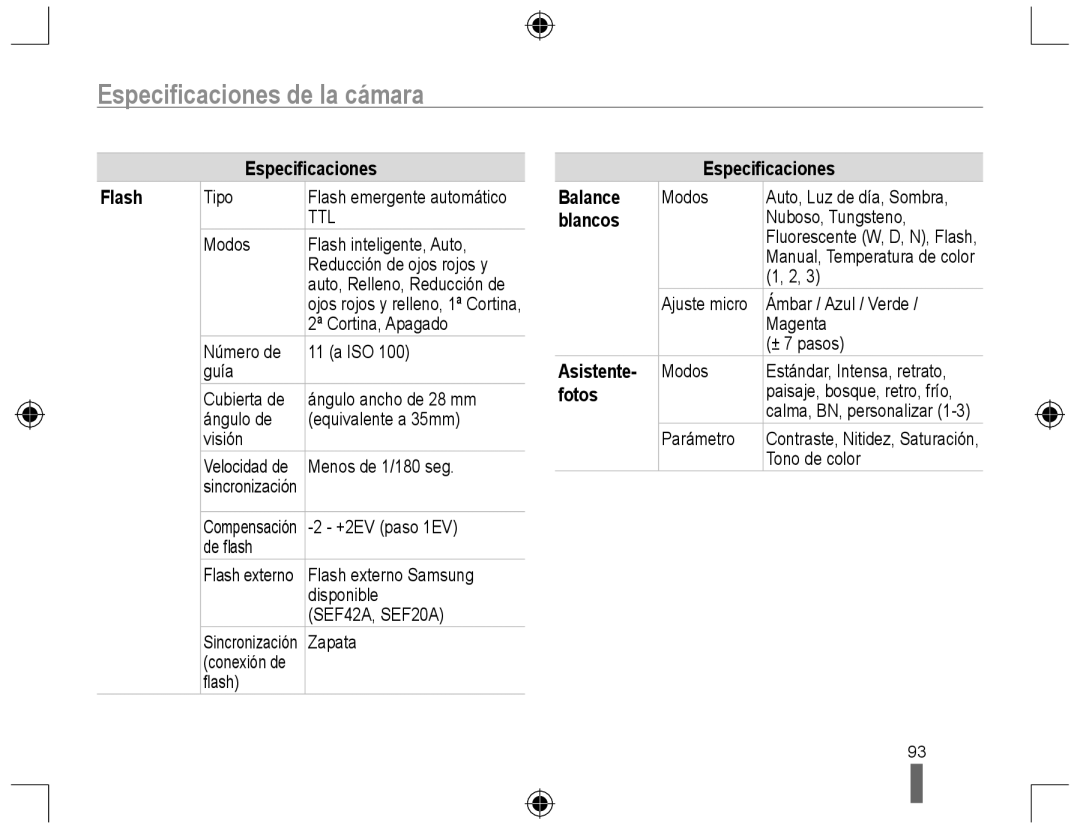 Samsung EV-NX10ZZBABDE, NX10RH08M3/SES manual Especiﬁcaciones Flash, Especiﬁcaciones Balance, Blancos, Asistente, Fotos 