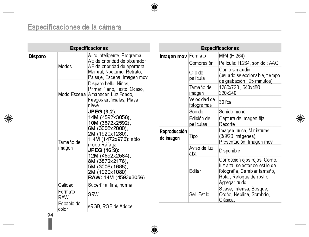 Samsung EV-NX10ZZBABES, EV-NX10ZZBABDE, NX10RH08M3/SES, EV-NX10ZZBCBES, EV-NX10ZZBABPT manual Especiﬁcaciones Disparo, Jpeg 