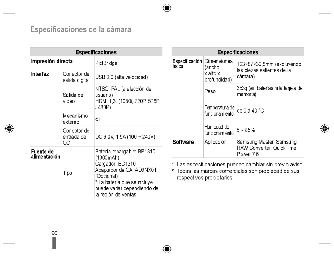 Samsung EV-NX10ZZBABDE, NX10RH08M3/SES manual Especiﬁcaciones Impresión directa, Interfaz, Fuente de, Física, Software 