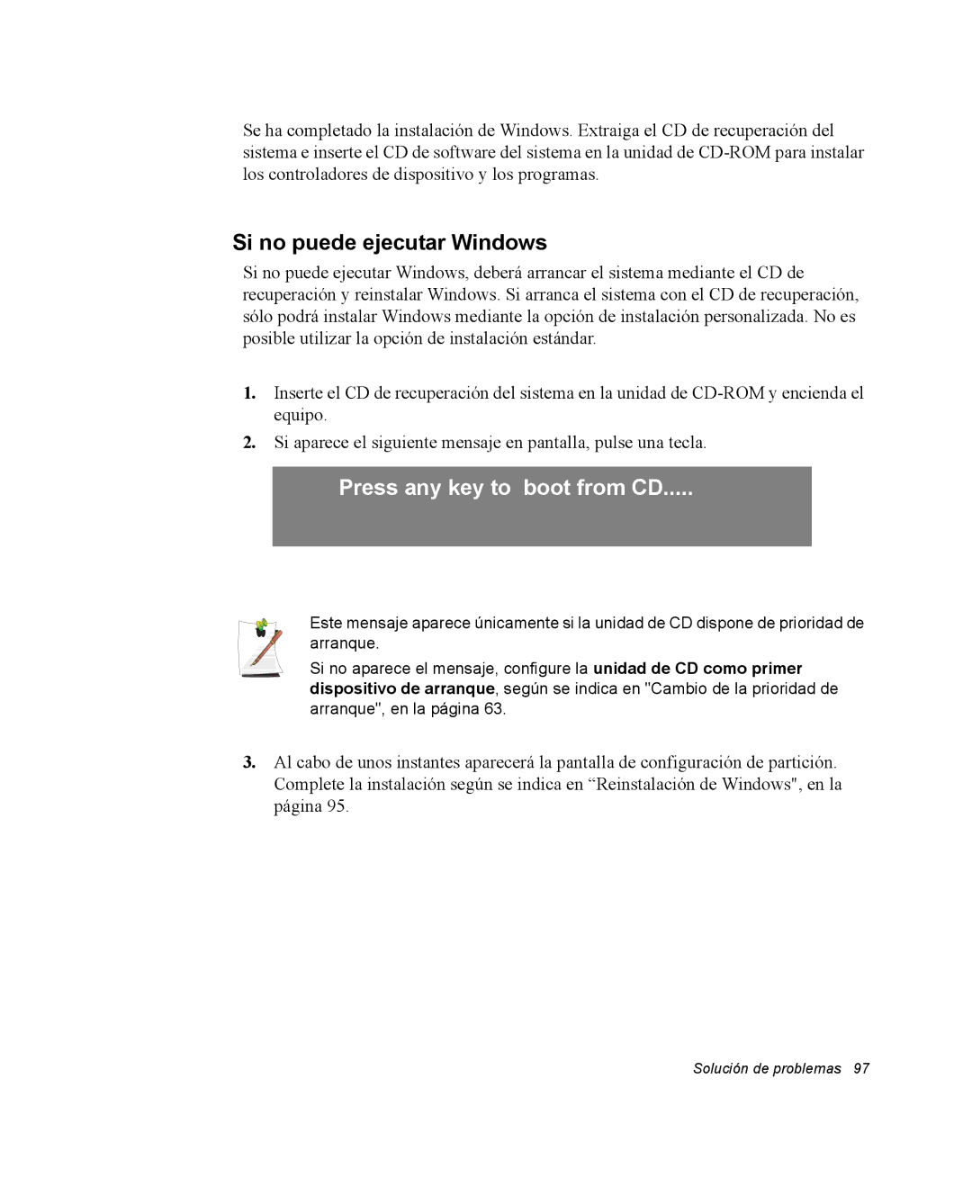 Samsung EV-NX10ZZBABDE, NX10RH08M3/SES, EV-NX10ZZBCBES manual Si no puede ejecutar Windows, Press any key to boot from CD 