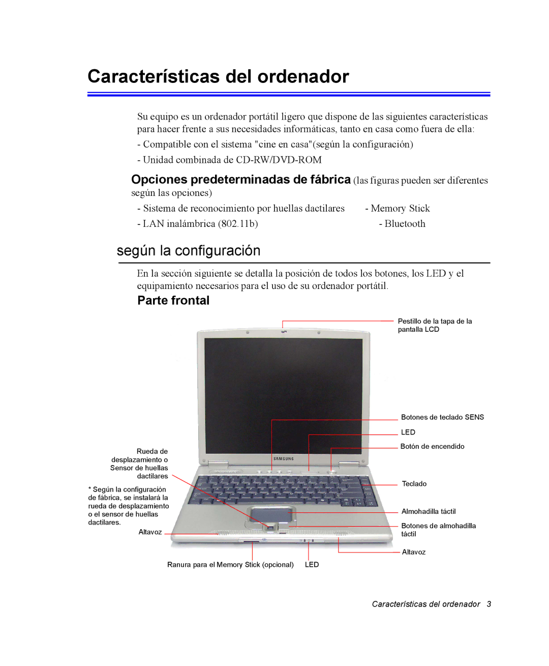 Samsung EV-NX10ZZBCBES, EV-NX10ZZBABDE, NX10RH08M3/SES Características del ordenador, Según la configuración, Parte frontal 