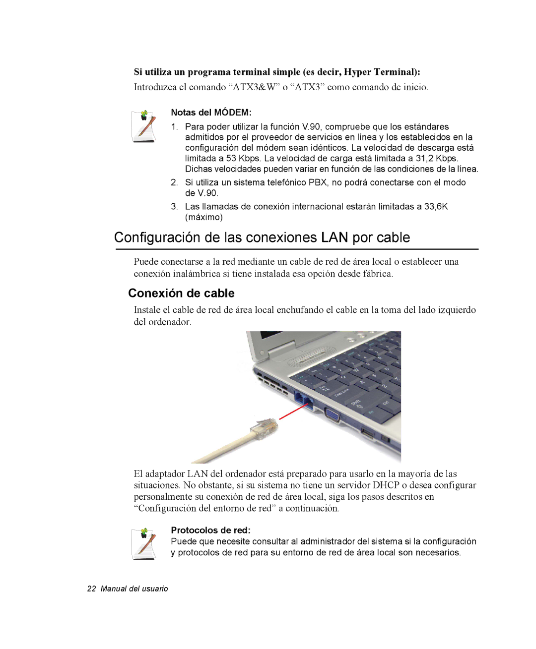 Samsung NX10PRCV02/SES, EV-NX10ZZBABDE Configuración de las conexiones LAN por cable, Conexión de cable, Notas del Módem 