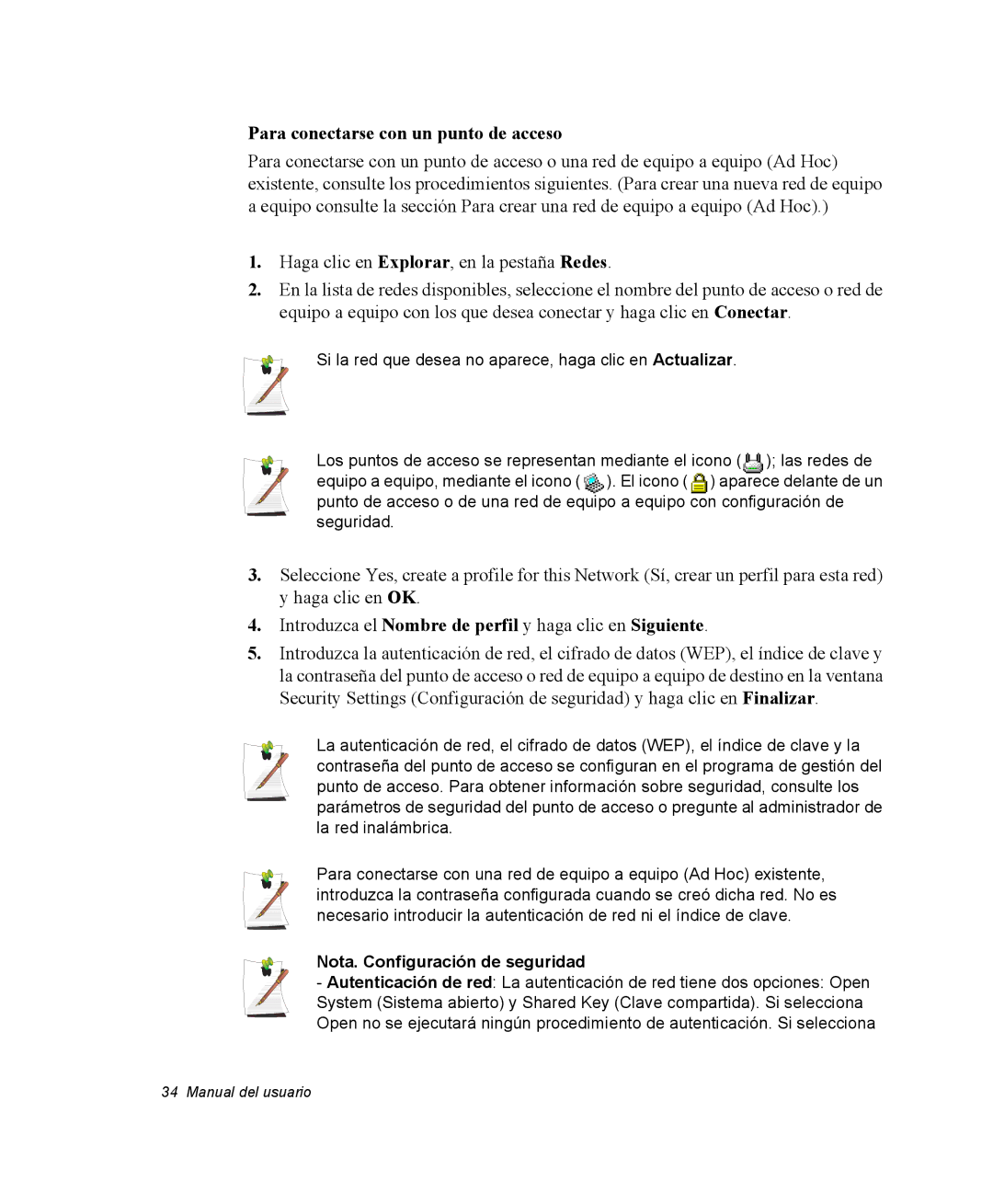 Samsung NX10RH08M3/SES, EV-NX10ZZBABDE manual Para conectarse con un punto de acceso, Nota. Configuración de seguridad 