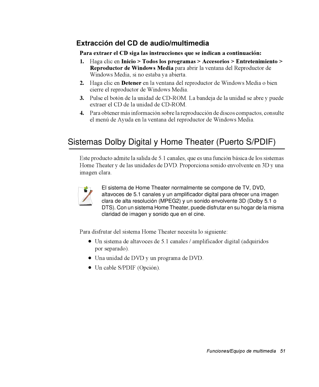 Samsung EV-NX10ZZBCBES manual Sistemas Dolby Digital y Home Theater Puerto S/PDIF, Extracción del CD de audio/multimedia 