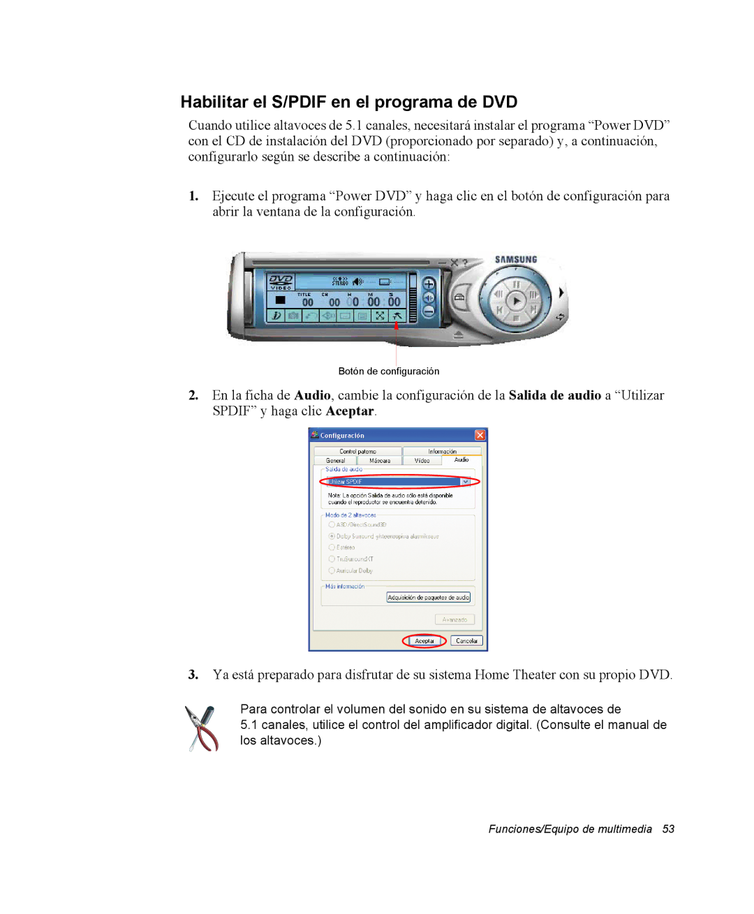 Samsung NX10RH0605/SES, EV-NX10ZZBABDE, NX10RH08M3/SES, EV-NX10ZZBCBES manual Habilitar el S/PDIF en el programa de DVD 