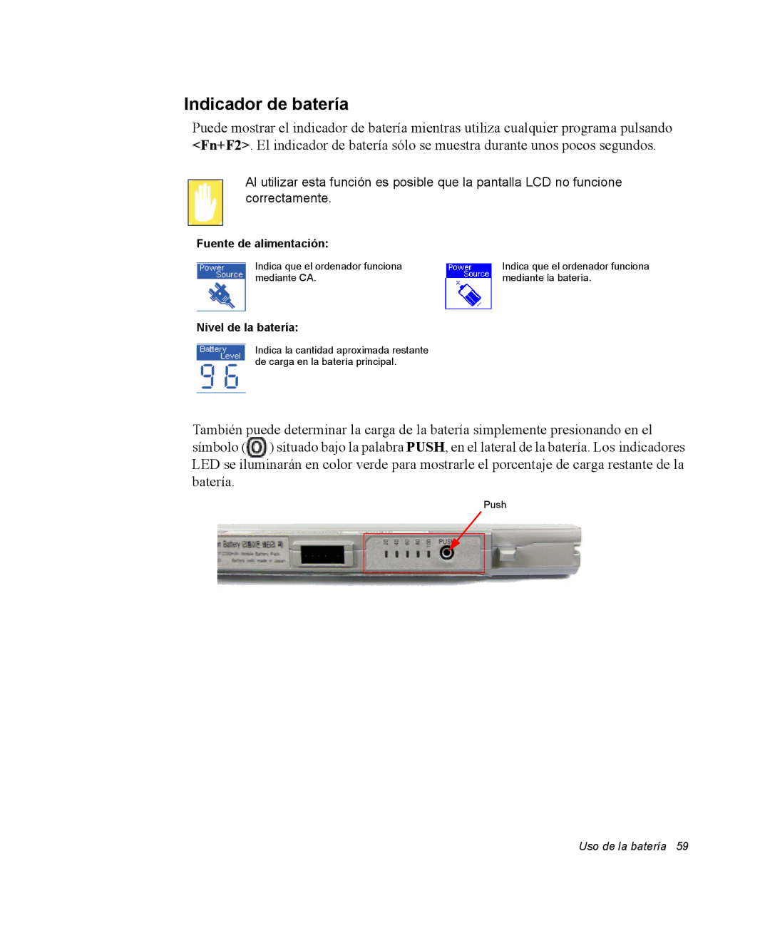 Samsung NX10RP077T/SES, EV-NX10ZZBABDE, NX10RH08M3/SES, EV-NX10ZZBCBES manual Indicador de batería, Fuente de alimentación 