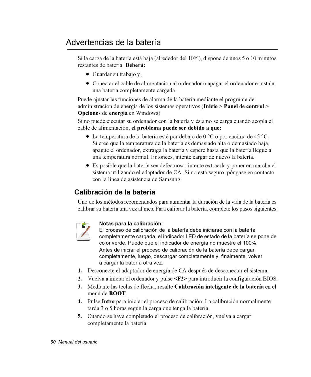 Samsung NX10RH0A3X/SES, EV-NX10ZZBABDE Advertencias de la batería, Calibración de la batería, Notas para la calibración 