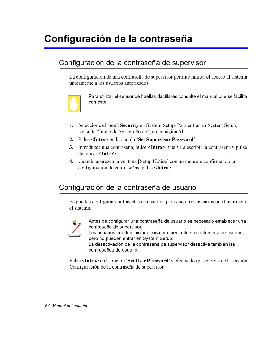 Samsung NX10RP08G5/SES manual Configuración de la contraseña de supervisor, Configuración de la contraseña de usuario 