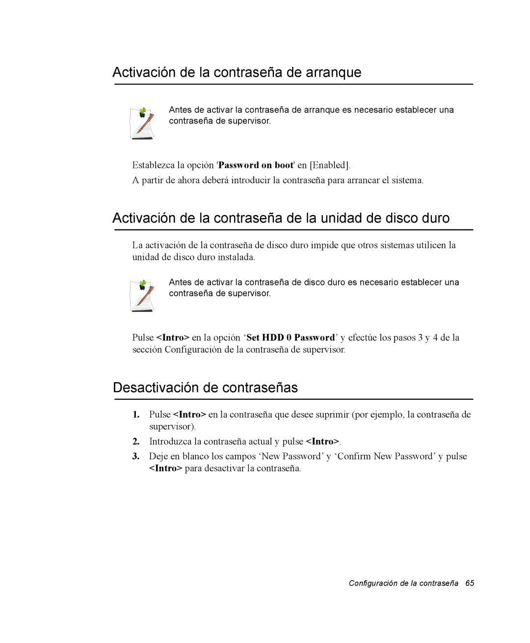 Samsung EV-NX10ZZBABDE Activación de la contraseña de arranque, Activación de la contraseña de la unidad de disco duro 