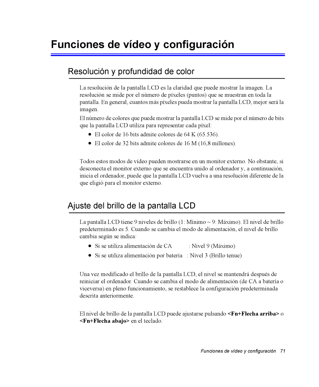 Samsung NX10 Funciones de vídeo y configuración, Resolución y profundidad de color, Ajuste del brillo de la pantalla LCD 