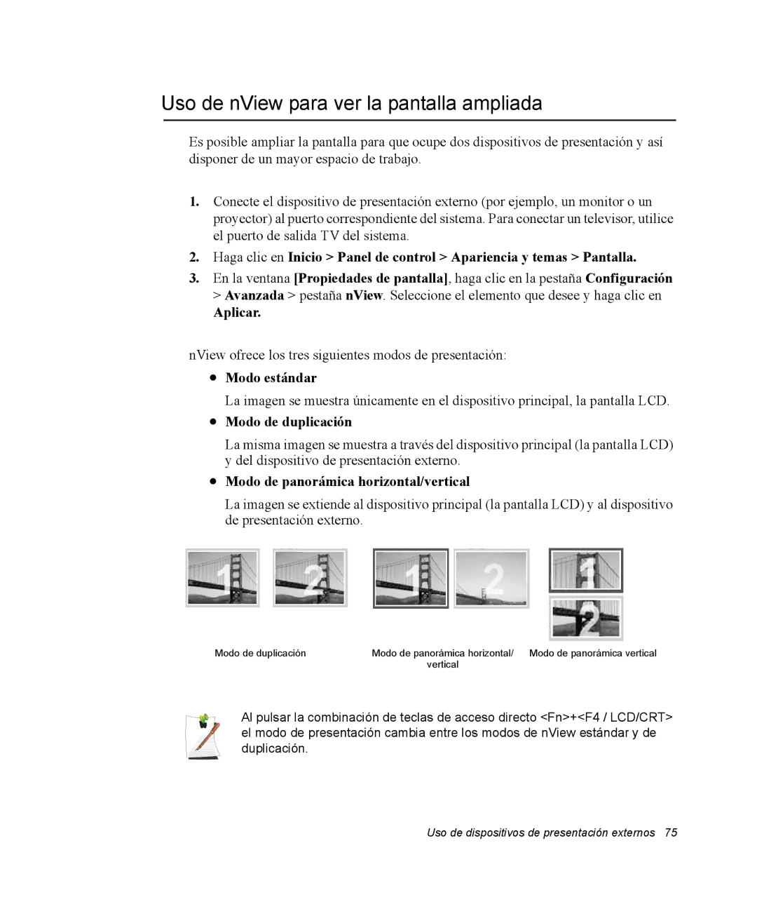 Samsung NX10RP077T/SES manual Uso de nView para ver la pantalla ampliada, Aplicar, Modo estándar, Modo de duplicación 