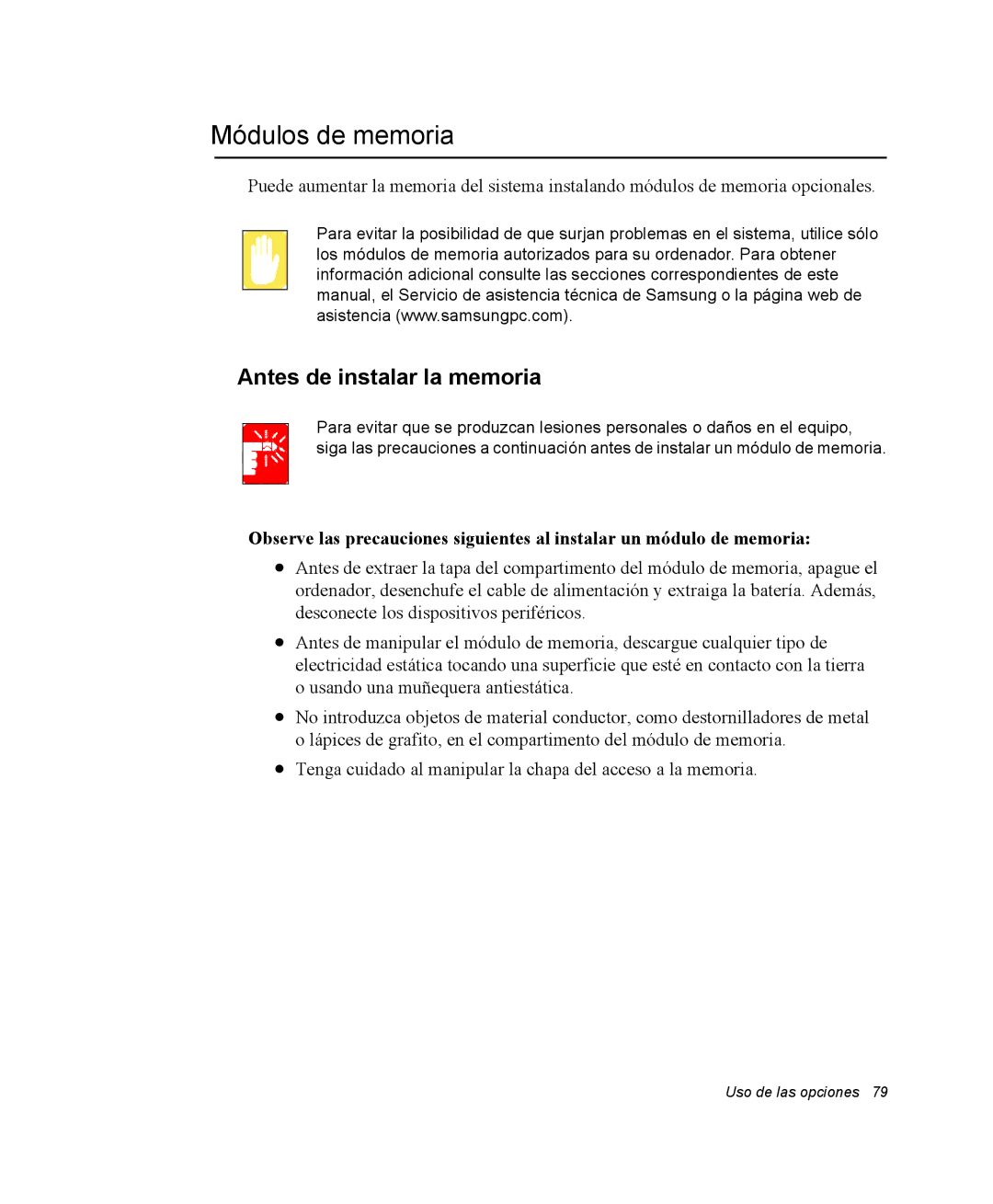 Samsung NX10BH044M/SES, EV-NX10ZZBABDE, NX10RH08M3/SES, EV-NX10ZZBCBES manual Módulos de memoria, Antes de instalar la memoria 