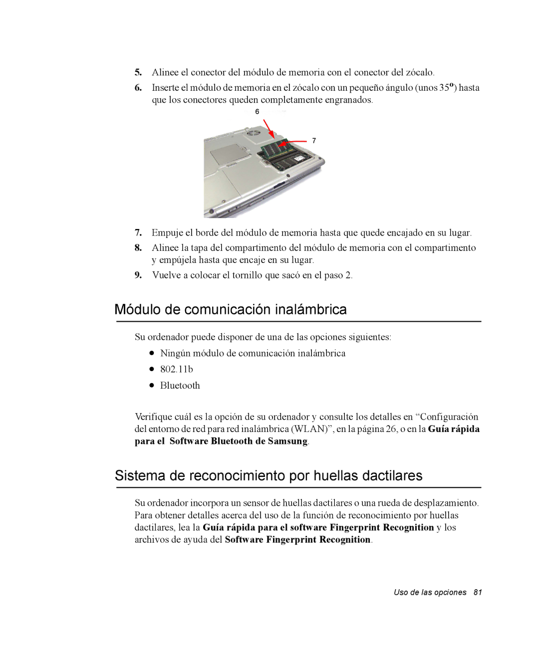 Samsung EV-NX10ZZBABDE manual Módulo de comunicación inalámbrica, Sistema de reconocimiento por huellas dactilares 