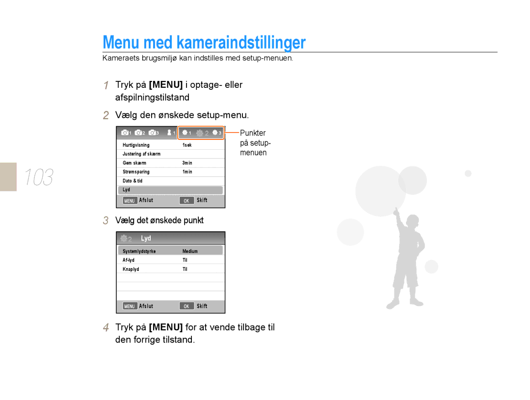 Samsung EV-NX10ZZBCBSE, EV-NX10ZZBABDK manual Menu med kameraindstillinger, Vælg det ønskede punkt, Punkter på setup- menuen 