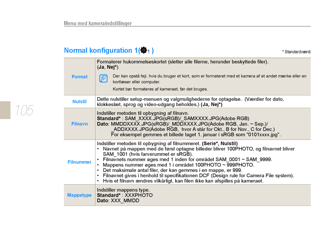 Samsung EV-NX10ZZBABDK, EV-NX10ZZBCBSE, EV-NX10ZZBABSE 105, Normal konﬁguration 1, Ja , Nej, Format, Standard* Xxxphoto 