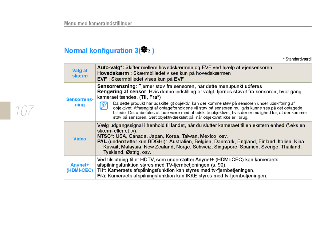 Samsung EV-NX10ZZBABSE, EV-NX10ZZBABDK, EV-NX10ZZBCBSE manual 107, Normal konﬁguration 3, Valg af 