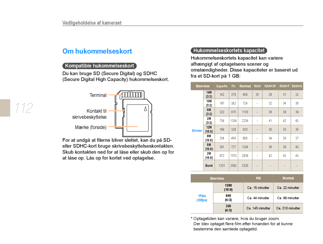 Samsung EV-NX10ZZBCBSE, EV-NX10ZZBABDK 112, Om hukommelseskort, Kompatible hukommelseskort, Hukommelseskortets kapacitet 