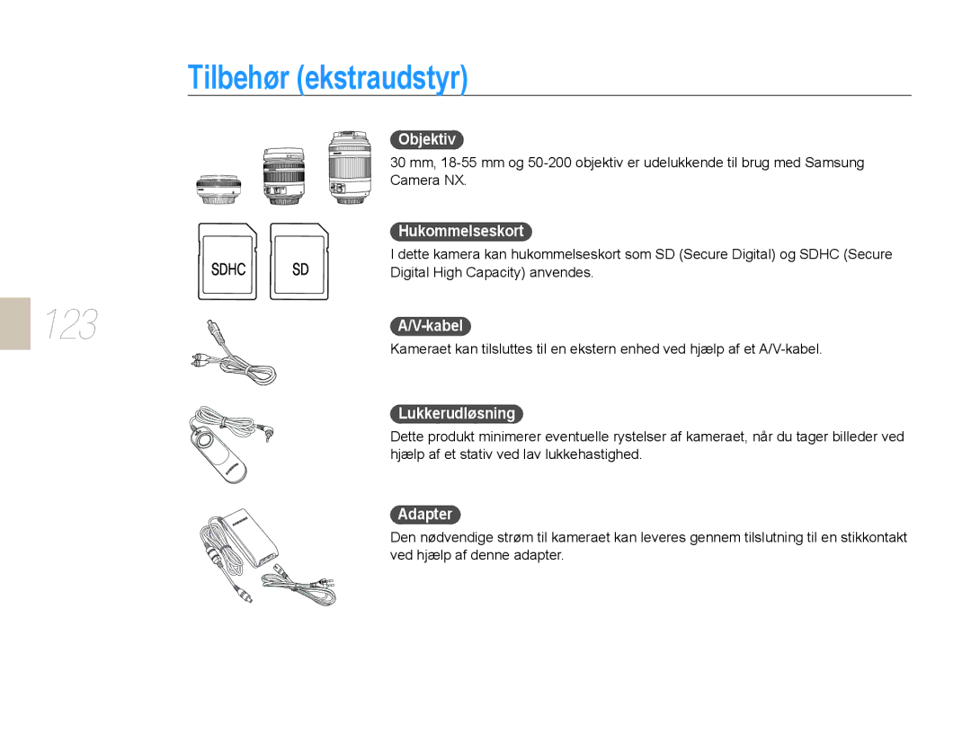 Samsung EV-NX10ZZBABDK, EV-NX10ZZBCBSE manual Tilbehør ekstraudstyr, Objektiv, Hukommelseskort, Lukkerudløsning, Adapter 