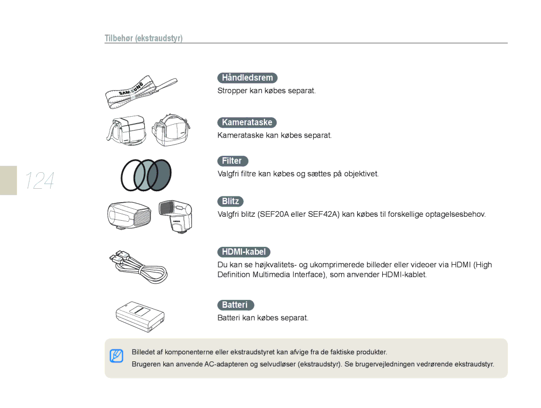 Samsung EV-NX10ZZBCBSE, EV-NX10ZZBABDK, EV-NX10ZZBABSE manual Håndledsrem, Kamerataske, Filter, Blitz, HDMI-kabel, Batteri 