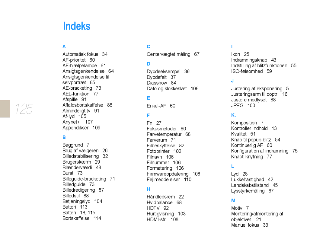 Samsung EV-NX10ZZBABSE, EV-NX10ZZBABDK, EV-NX10ZZBCBSE manual Indeks, 125 