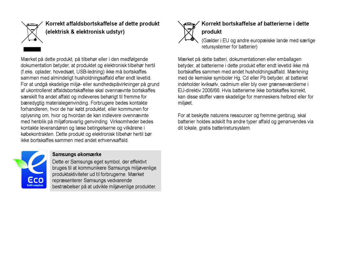 Samsung EV-NX10ZZBCBSE, EV-NX10ZZBABDK manual Korrekt bortskaffelse af batterierne i dette produkt, Samsungs økomærke 