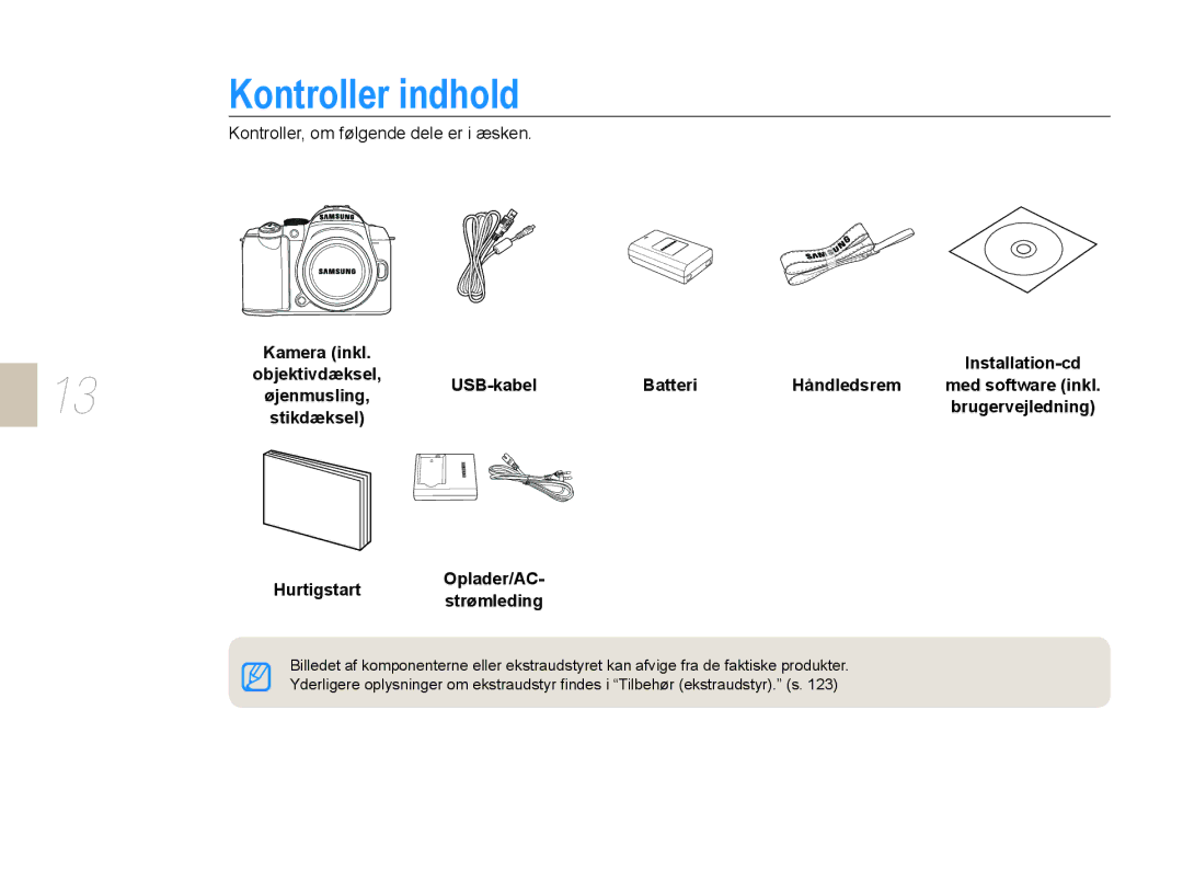 Samsung EV-NX10ZZBCBSE manual Kontroller indhold, Kontroller, om følgende dele er i æsken, USB-kabel Batteri Håndledsrem 