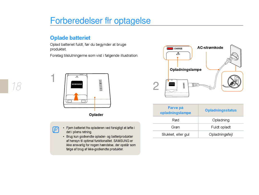 Samsung EV-NX10ZZBABDK, EV-NX10ZZBCBSE manual Forberedelser før optagelse, Oplade batteriet, Farve på Opladningsstatus 