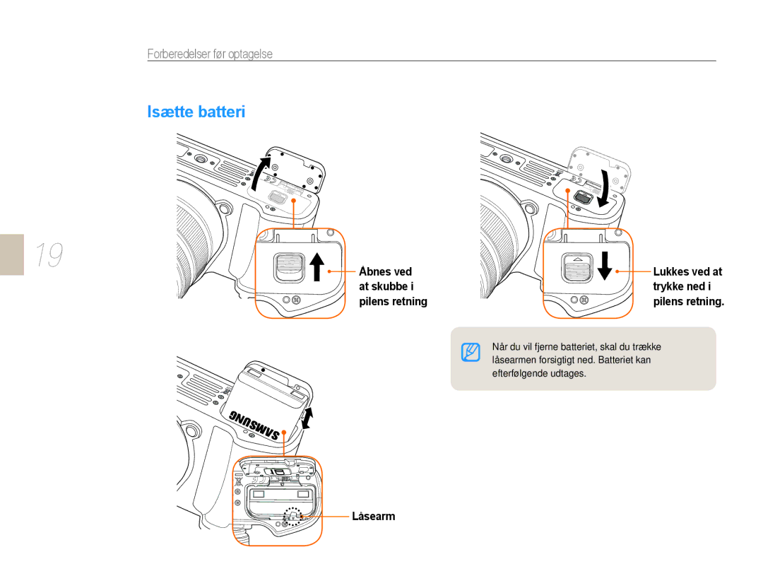 Samsung EV-NX10ZZBCBSE, EV-NX10ZZBABDK, EV-NX10ZZBABSE manual Låsearm, Isætte batteri 